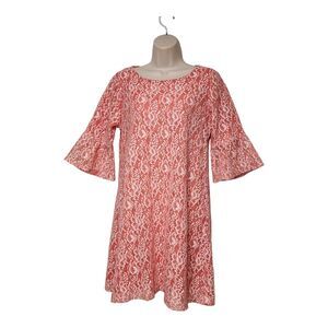 Women's Cetra Round Neck 3/4 Sleeve Salmon Pink Floral Lace Dress Size Large